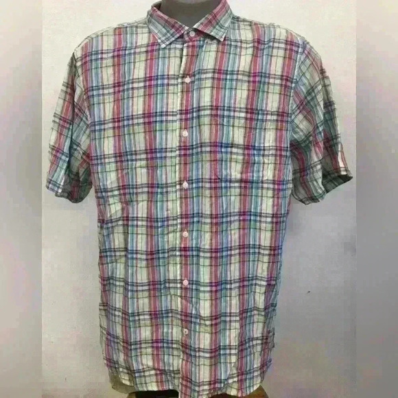 Tommy Bahama Island Etch Cotton Camp Shirt Mens Rose Bed Plaid Medium - Picture 1 of 9
